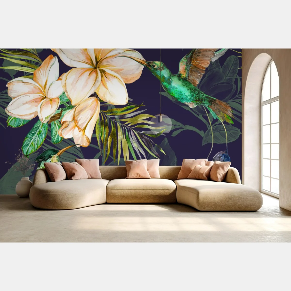 Fototapete tropische kolibris und plumeria in aquarell – Wallnifity® Fototapete tropische kolibris und plumeria in aquarell – Wallnifity®