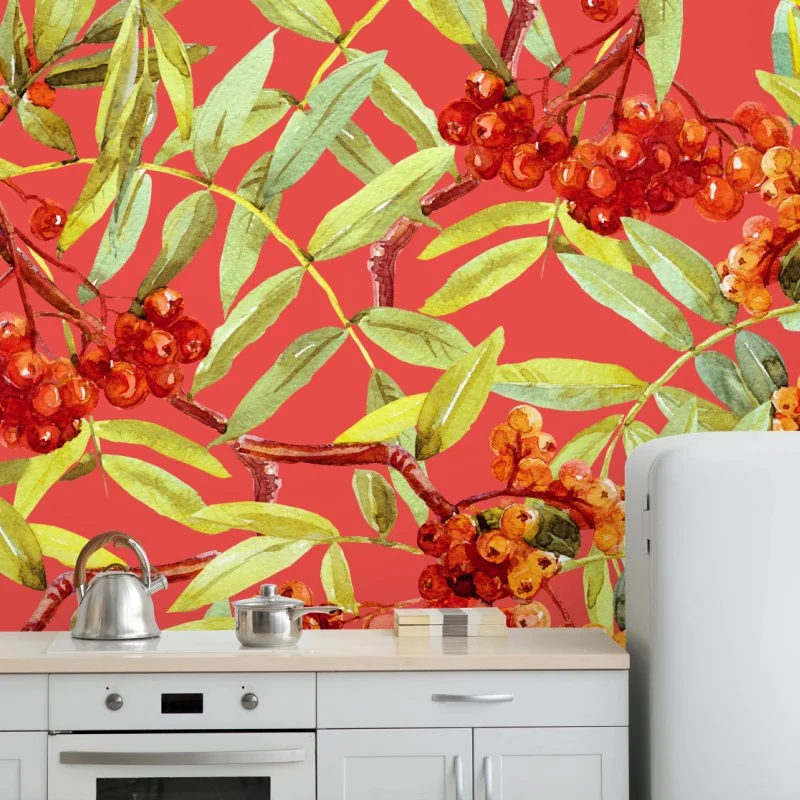 Fototapete aquarellmuster mit vogelbeeren – Wallnifity®