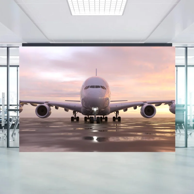 Fototapete jet auf der startbahn bei sonnenuntergang