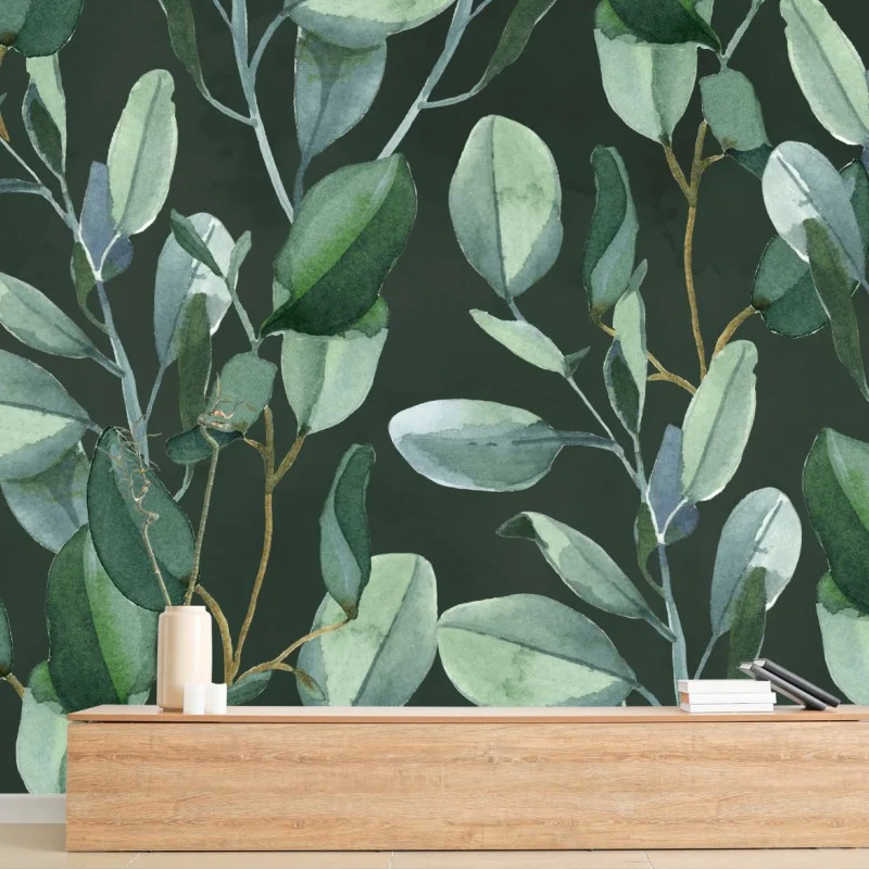 Fototapete aquarell eukalyptusblätter muster auf dunkelgrünem hintergrund