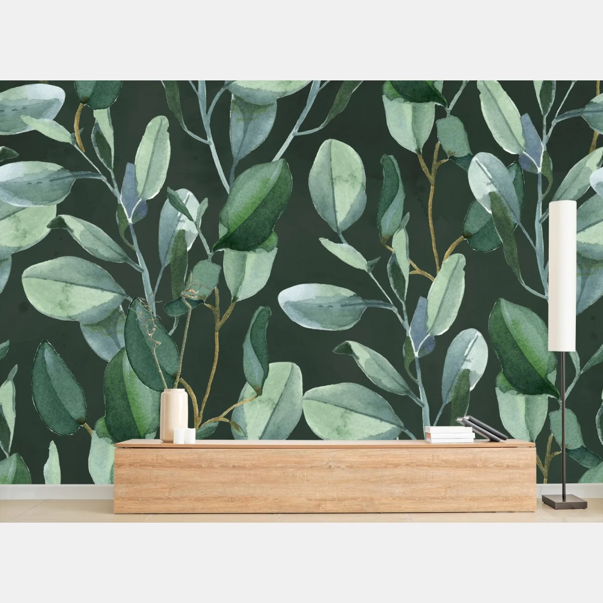 Fototapete aquarell eukalyptusblätter muster auf dunkelgrünem hintergrund – Wallnifity®