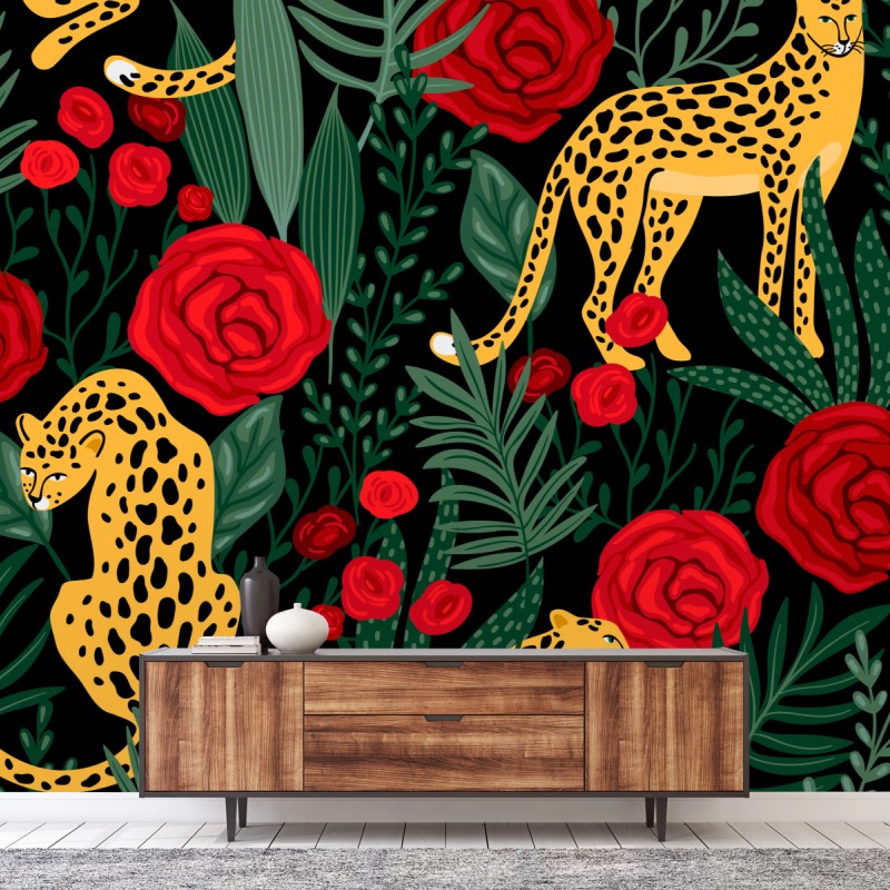 Fototapete exotisches muster mit leoparden und rosen