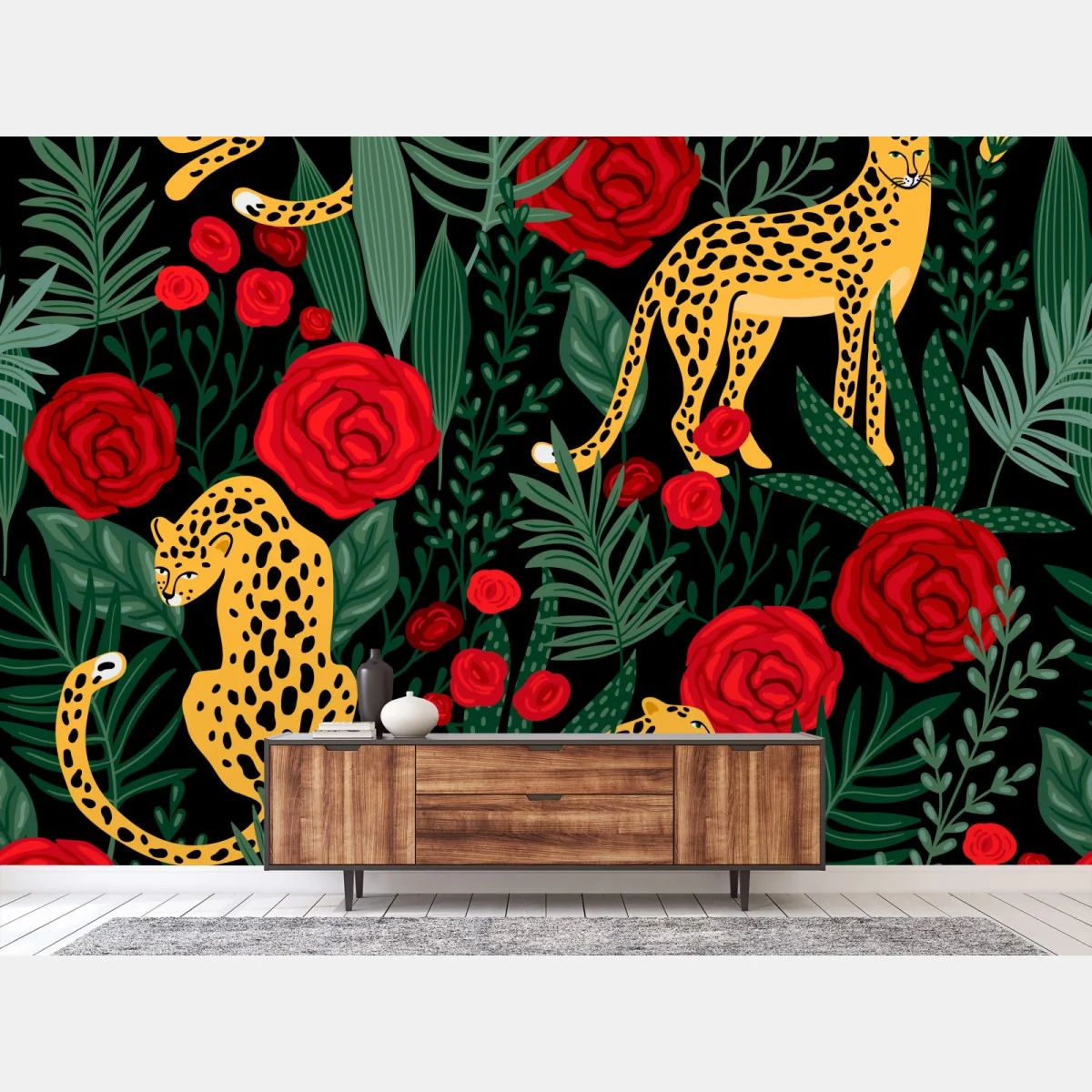 Fototapete exotisches muster mit leoparden und rosen – Wallnifity® Fototapete exotisches muster mit leoparden und rosen – Wallnifity®