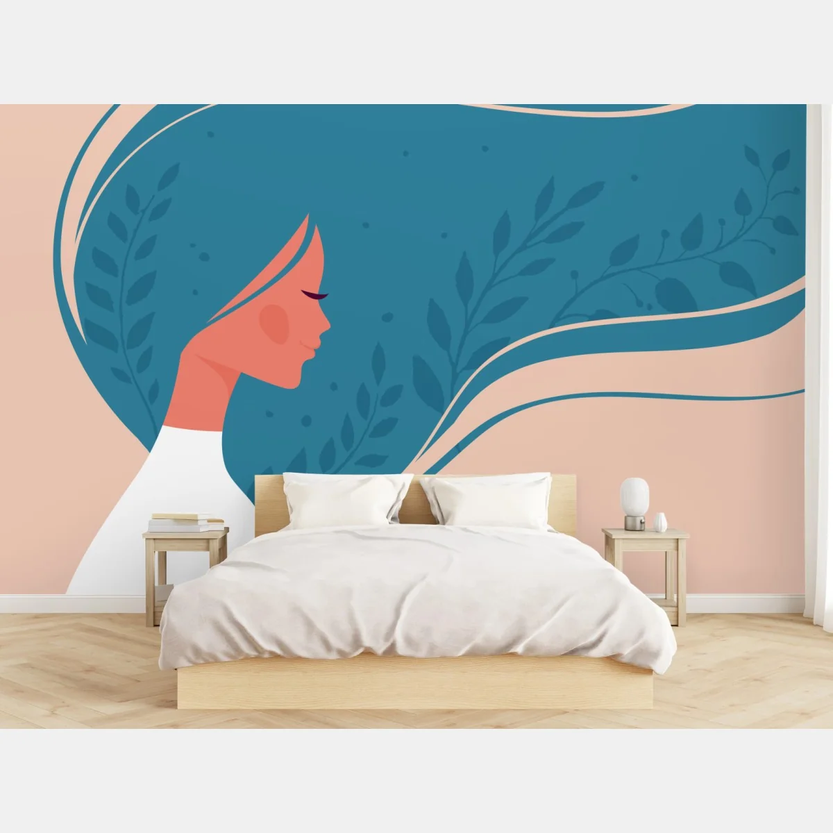 Fototapete sanftes blumiges profil mit fließendem haar – Wallnifity®