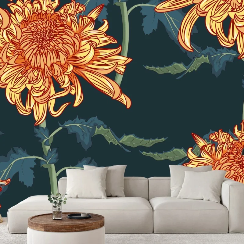 Fototapete goldene chrysantheme botanisches muster – Wallnifity® Fototapete goldene chrysantheme botanisches muster – Wallnifity®