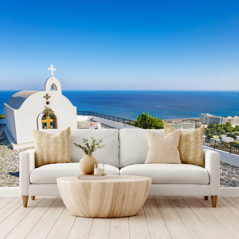 Fototapete weiße kapelle mit meerblick in Faliraki