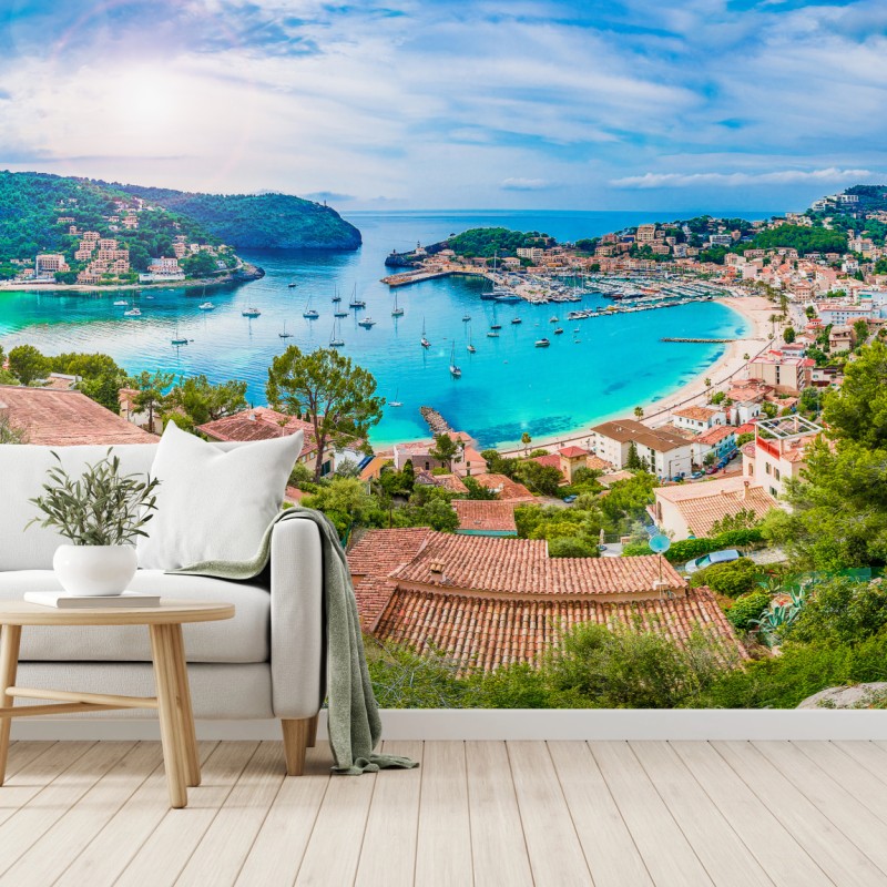Fototapete sonnige panoramaaufnahme von Port de Soller – Wallnifity® Fototapete sonnige panoramaaufnahme von Port de Soller – Wallnifity®