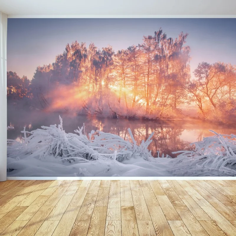 Fototapete winterlicher sonnenaufgang über zugefrorenem fluss