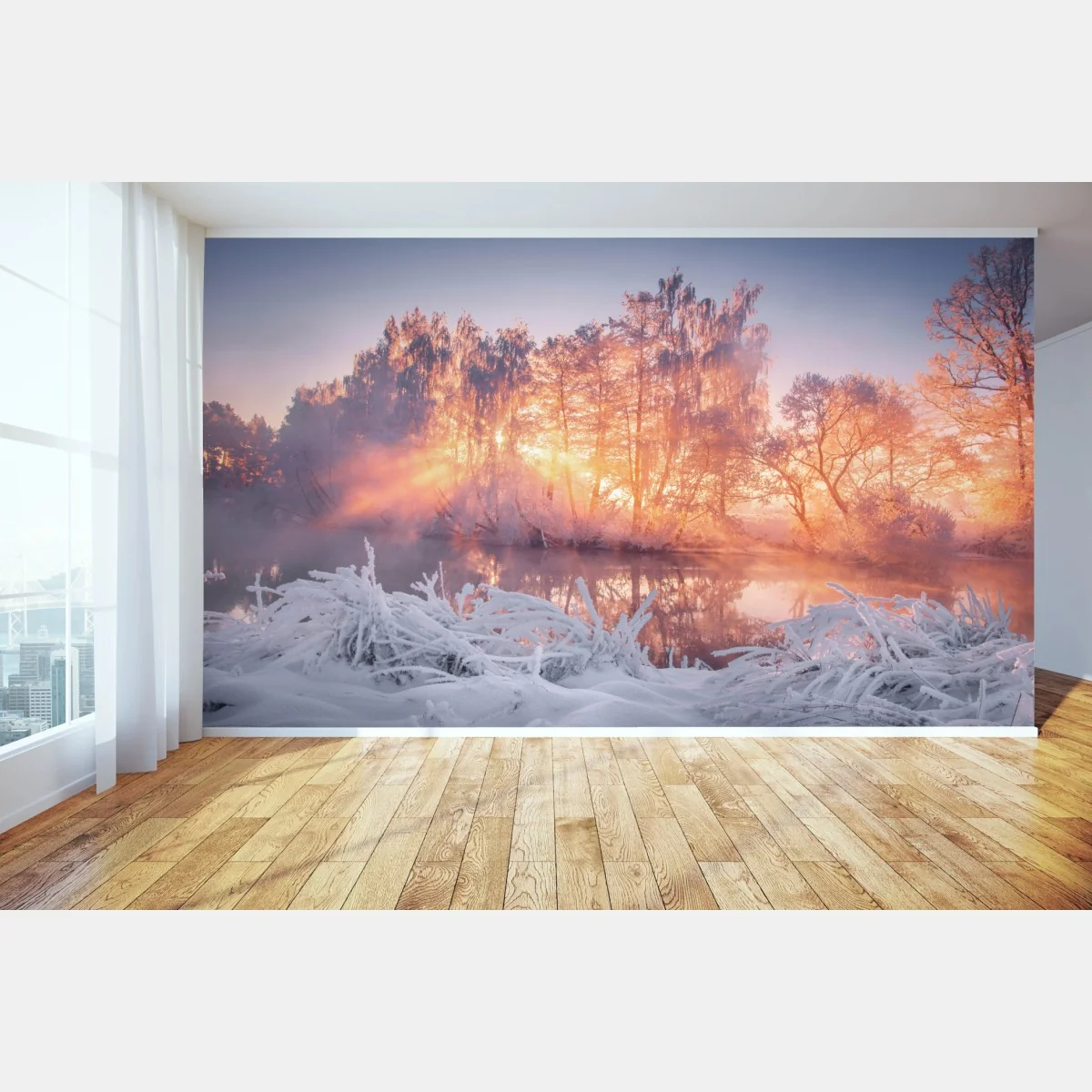 Fototapete winterlicher sonnenaufgang über zugefrorenem fluss – Wallnifity®