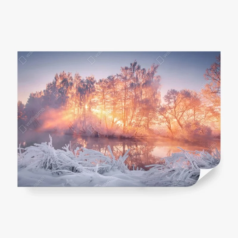 Fototapete winterlicher sonnenaufgang über zugefrorenem fluss