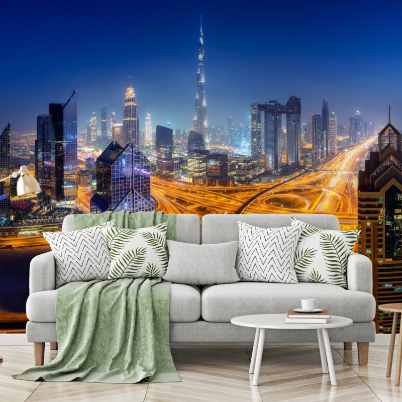Fototapete panorama der nächtlichen skyline von Dubai