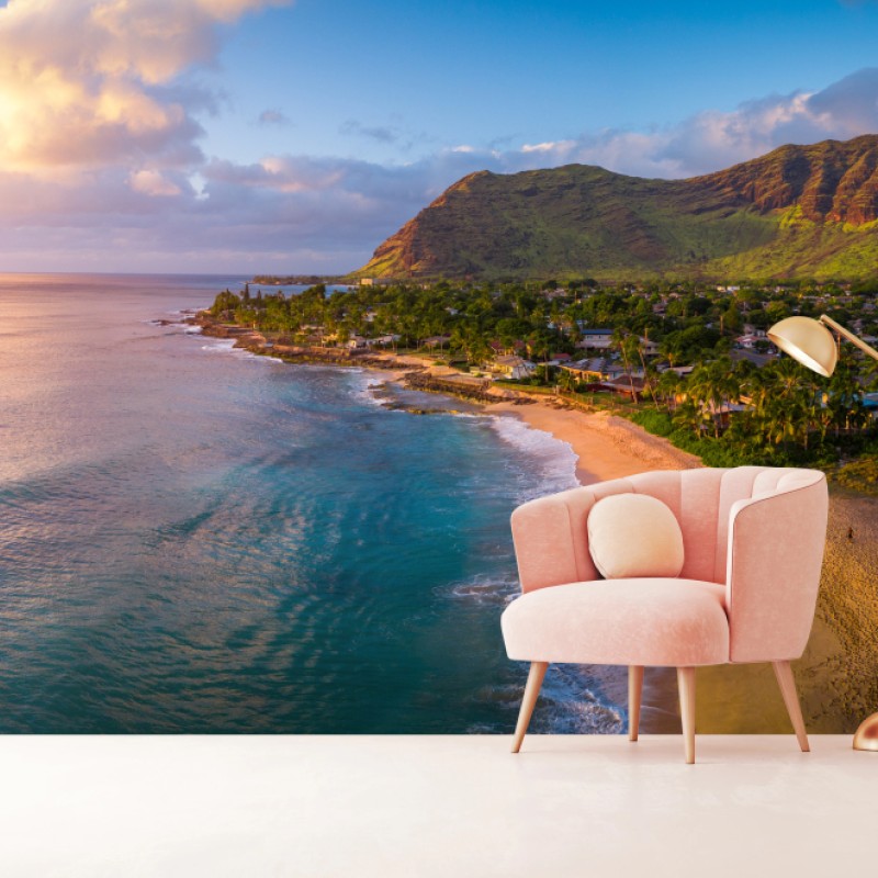 Fototapete sonnenuntergang am strand panorama mit tropischen bergen