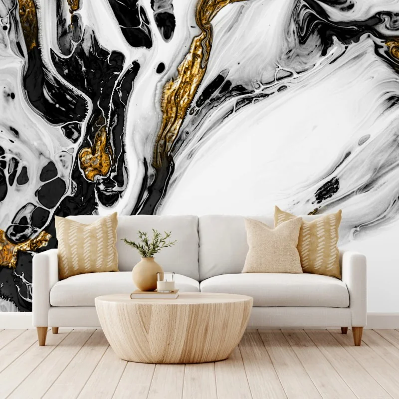 Fototapete schwarz-weiße abstraktion mit goldenen adern