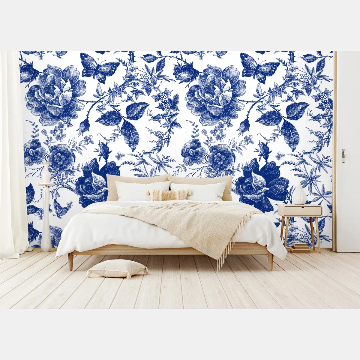 Fototapete blaues blumen toile-muster – Wallnifity®