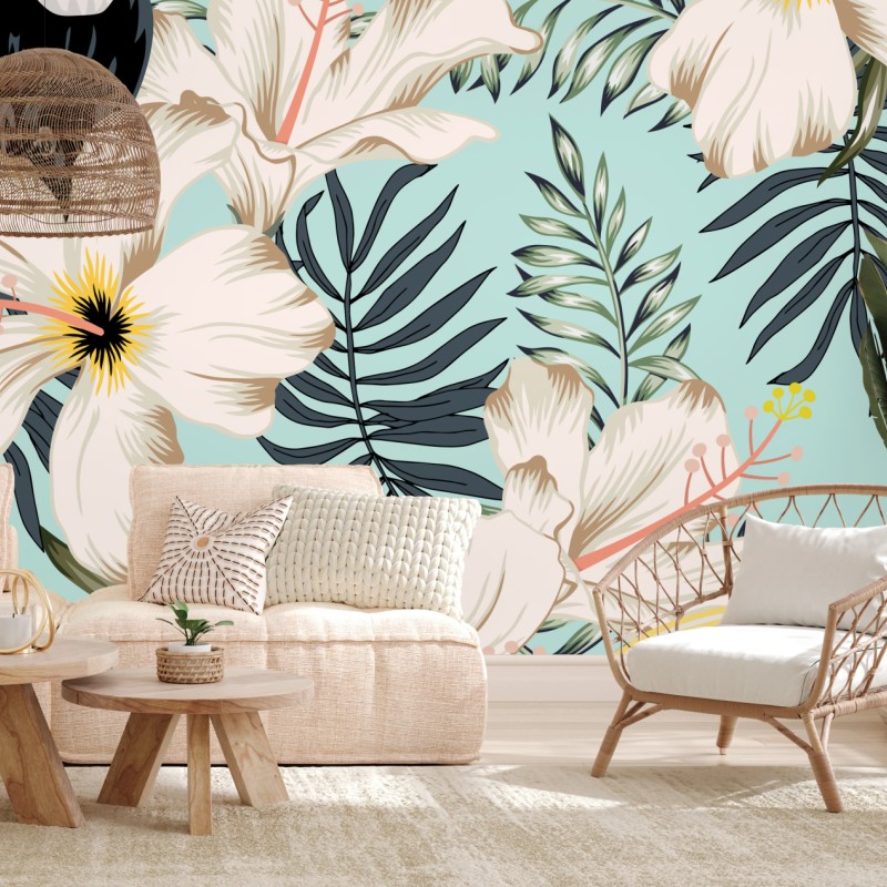 Fototapete tropisches muster mit tukan und blumen