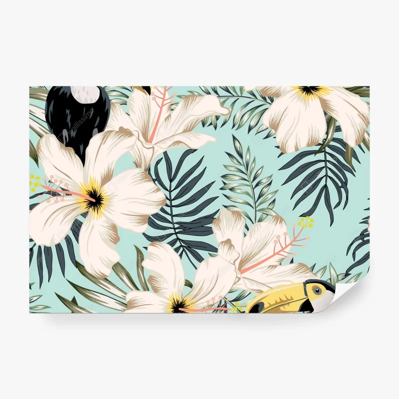 Fototapete tropisches muster mit tukan und blumen