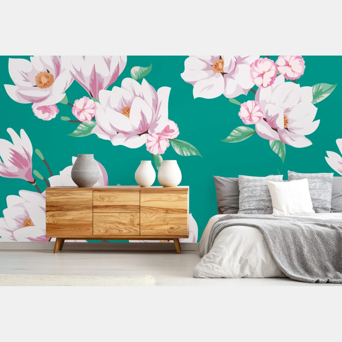Fototapete pastell magnolienmuster auf türkisfarbenem hintergrund – Wallnifity®