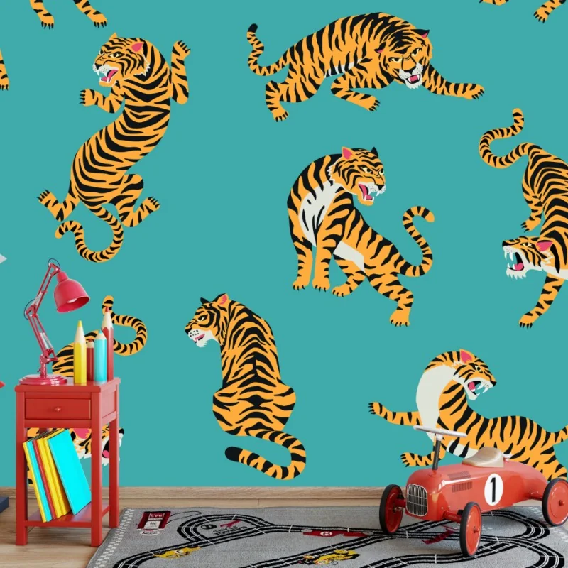 Fototapete stilisiertes tigermuster auf türkisfarbenem hintergrund