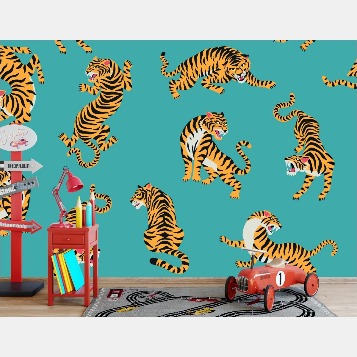 Fototapete stilisiertes tigermuster auf türkisfarbenem hintergrund – Wallnifity®