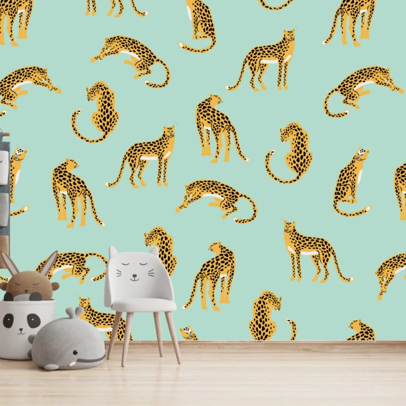 Fototapete verspieltes gepardenmuster auf türkisgrund
