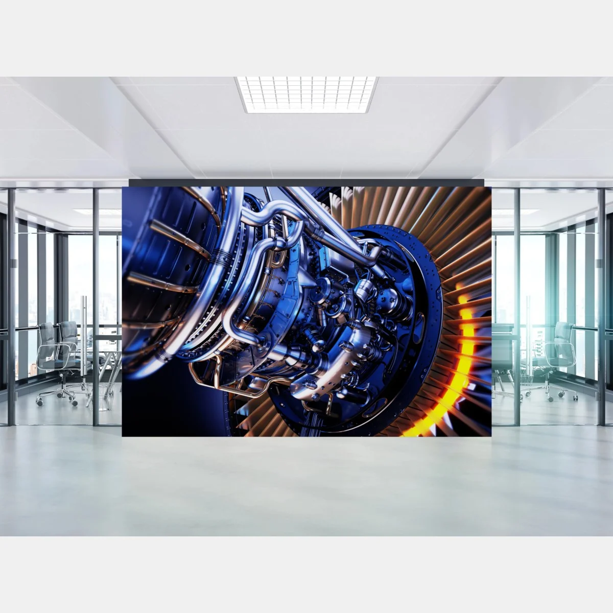 Fototapete nahaufnahme einer turbinenanlage in blau und orange – Wallnifity® Fototapete nahaufnahme einer turbinenanlage in blau und orange – Wallnifity®