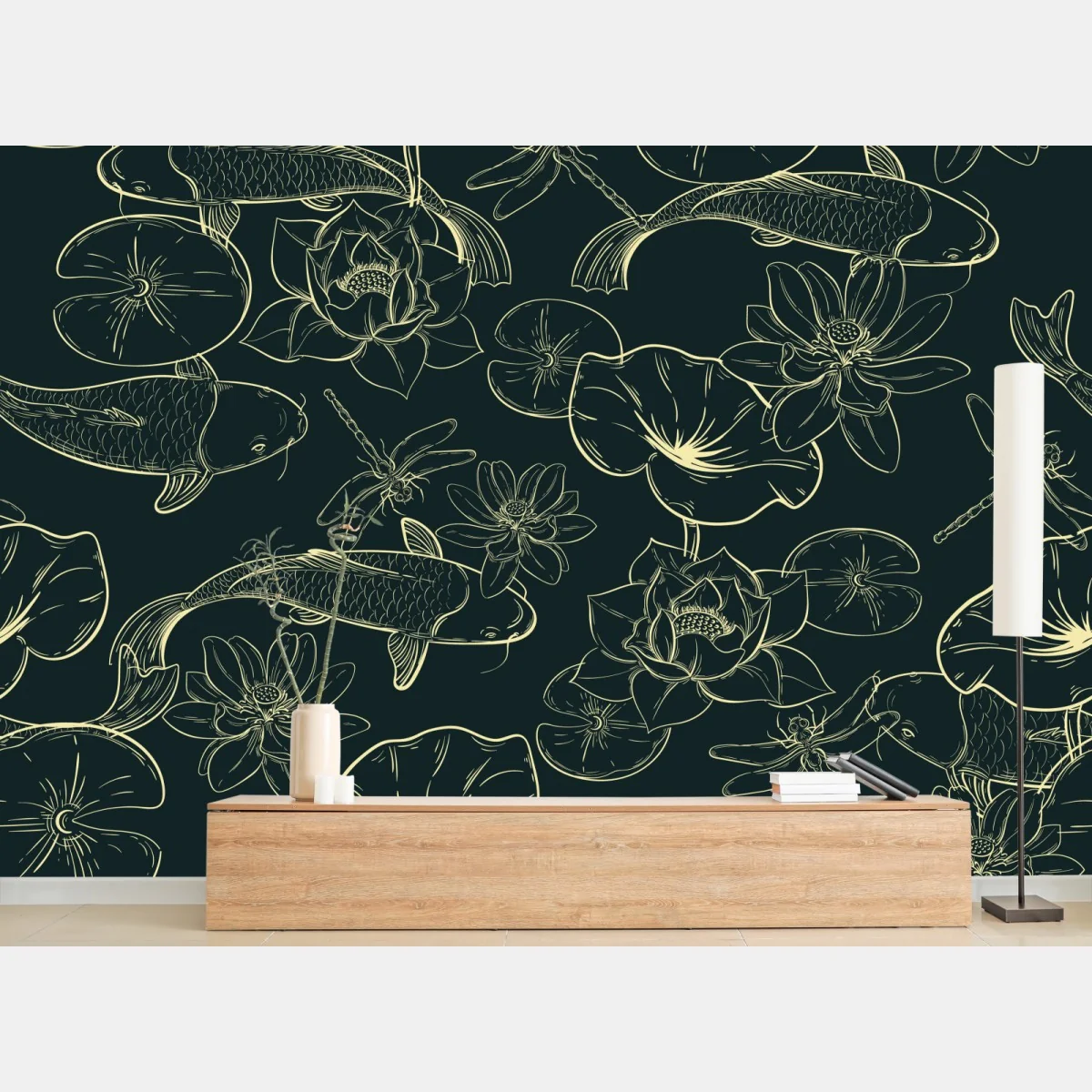 Fototapete handgezeichnetes koi- und lotusmuster – Wallnifity® Fototapete handgezeichnetes koi- und lotusmuster – Wallnifity®