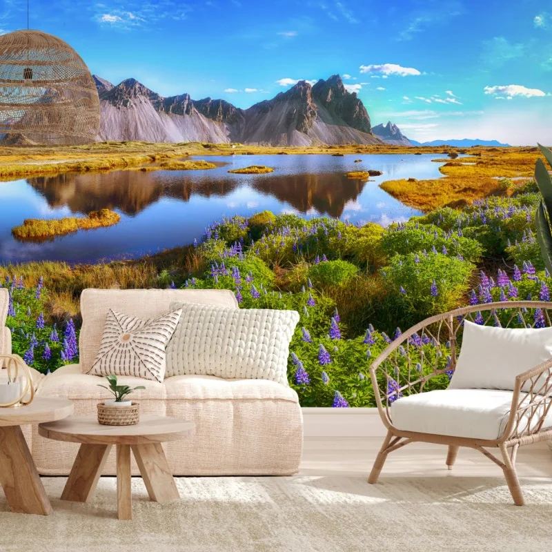 Fototapete lebendige lupinenwiesen bei Vestrahorn, Island