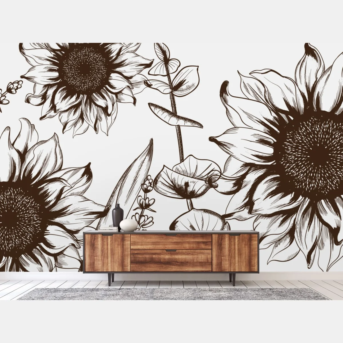 Fototapete botanische sonnenblumenillustration in sepia – Wallnifity®