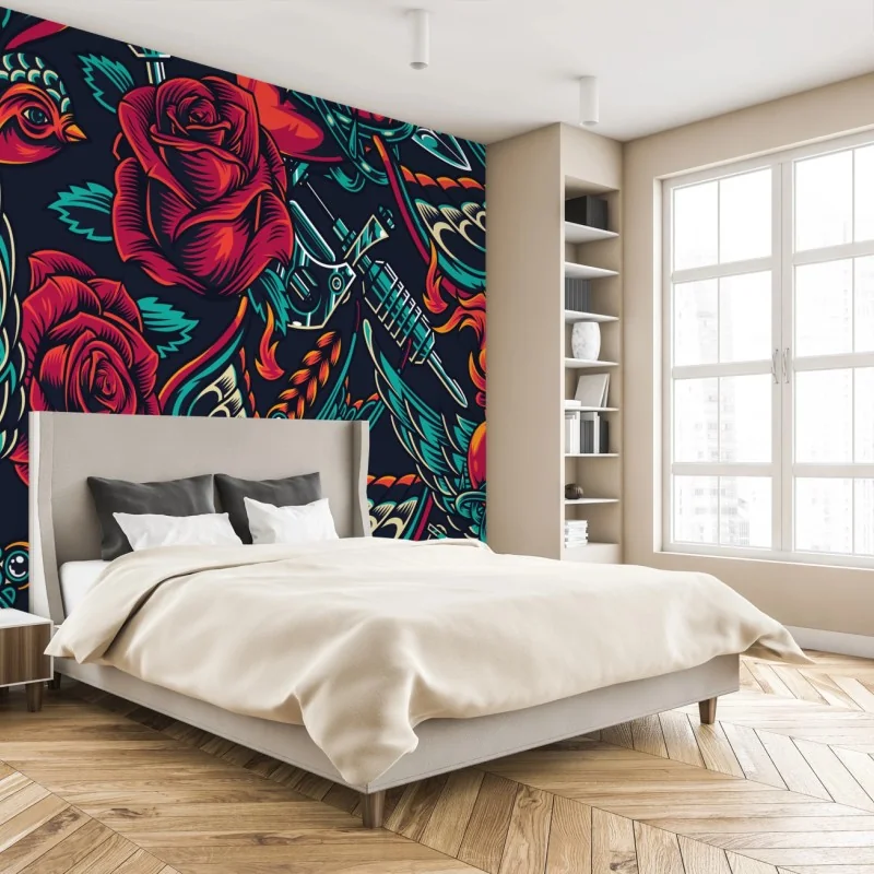 Fototapete kräftiges tätowierungsmuster mit rosen