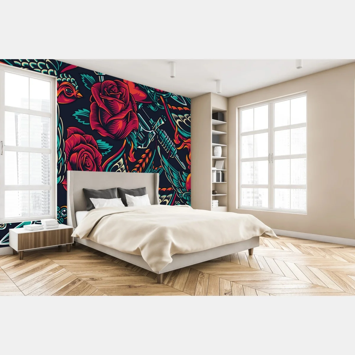 Fototapete kräftiges tätowierungsmuster mit rosen – Wallnifity® Fototapete kräftiges tätowierungsmuster mit rosen – Wallnifity®