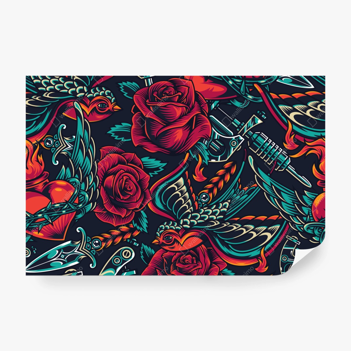 Fototapete kräftiges tätowierungsmuster mit rosen – Wallnifity® Fototapete kräftiges tätowierungsmuster mit rosen – Wallnifity®