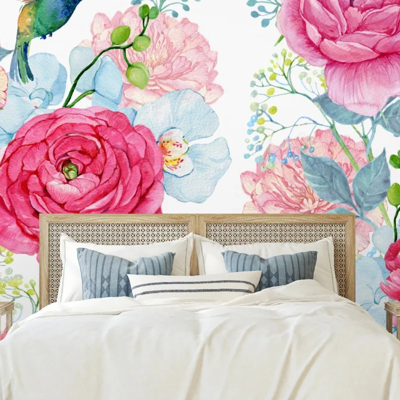 Fototapete rosa aquarell blumengarten mit kolibri – Wallnifity® Fototapete rosa aquarell blumengarten mit kolibri – Wallnifity®