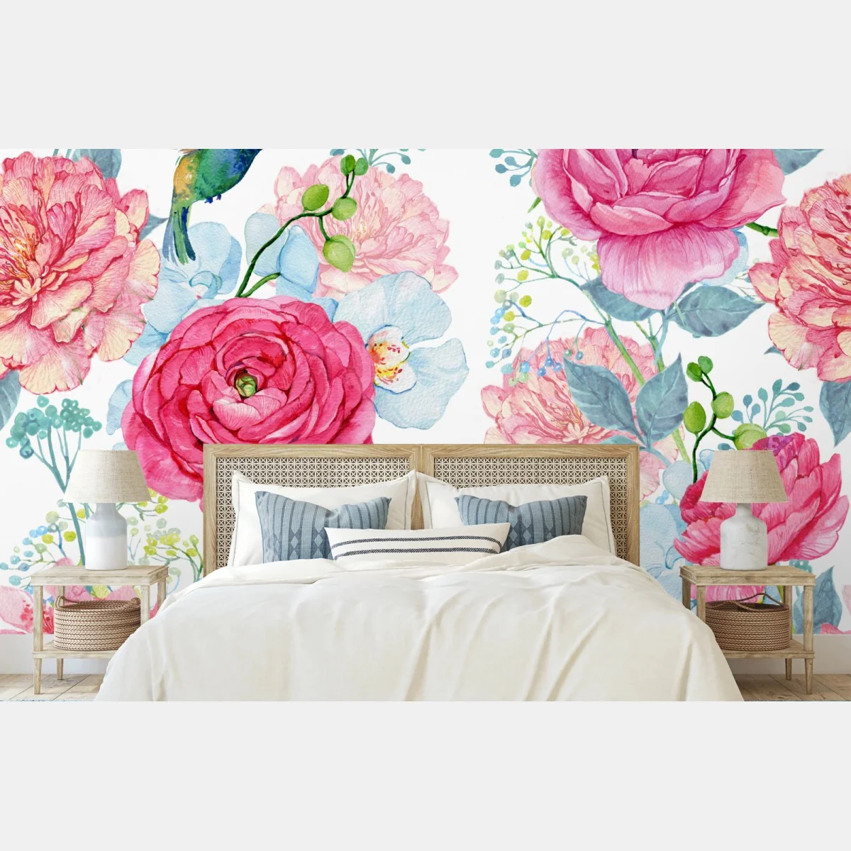 Fototapete rosa aquarell blumengarten mit kolibri – Wallnifity® Fototapete rosa aquarell blumengarten mit kolibri – Wallnifity®