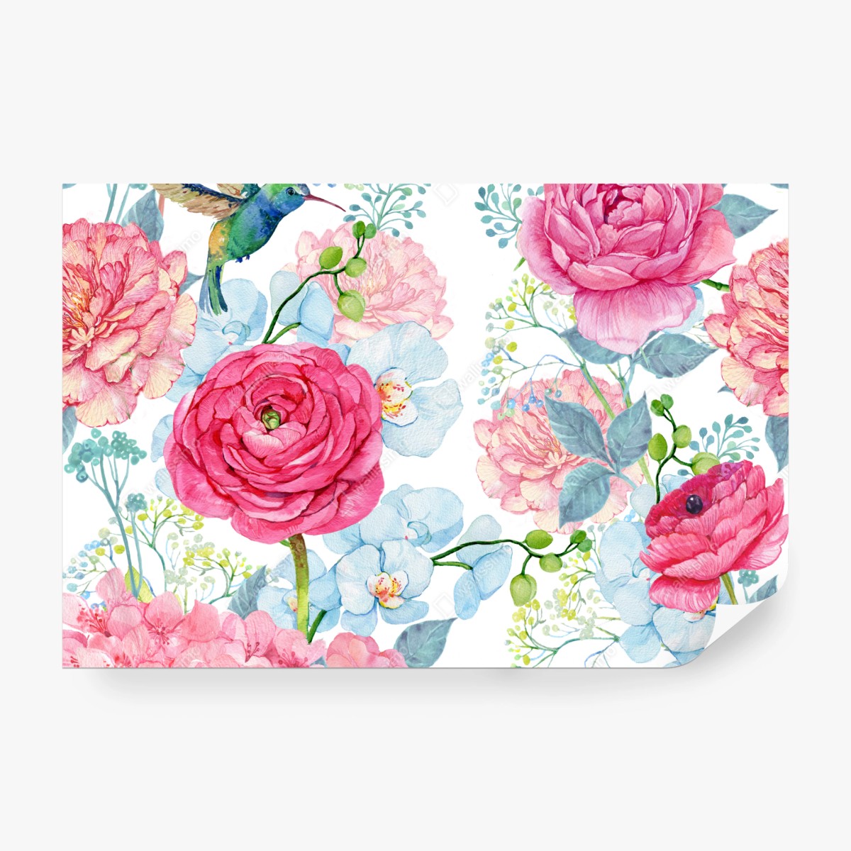 Fototapete rosa aquarell blumengarten mit kolibri – Wallnifity® Fototapete rosa aquarell blumengarten mit kolibri – Wallnifity®
