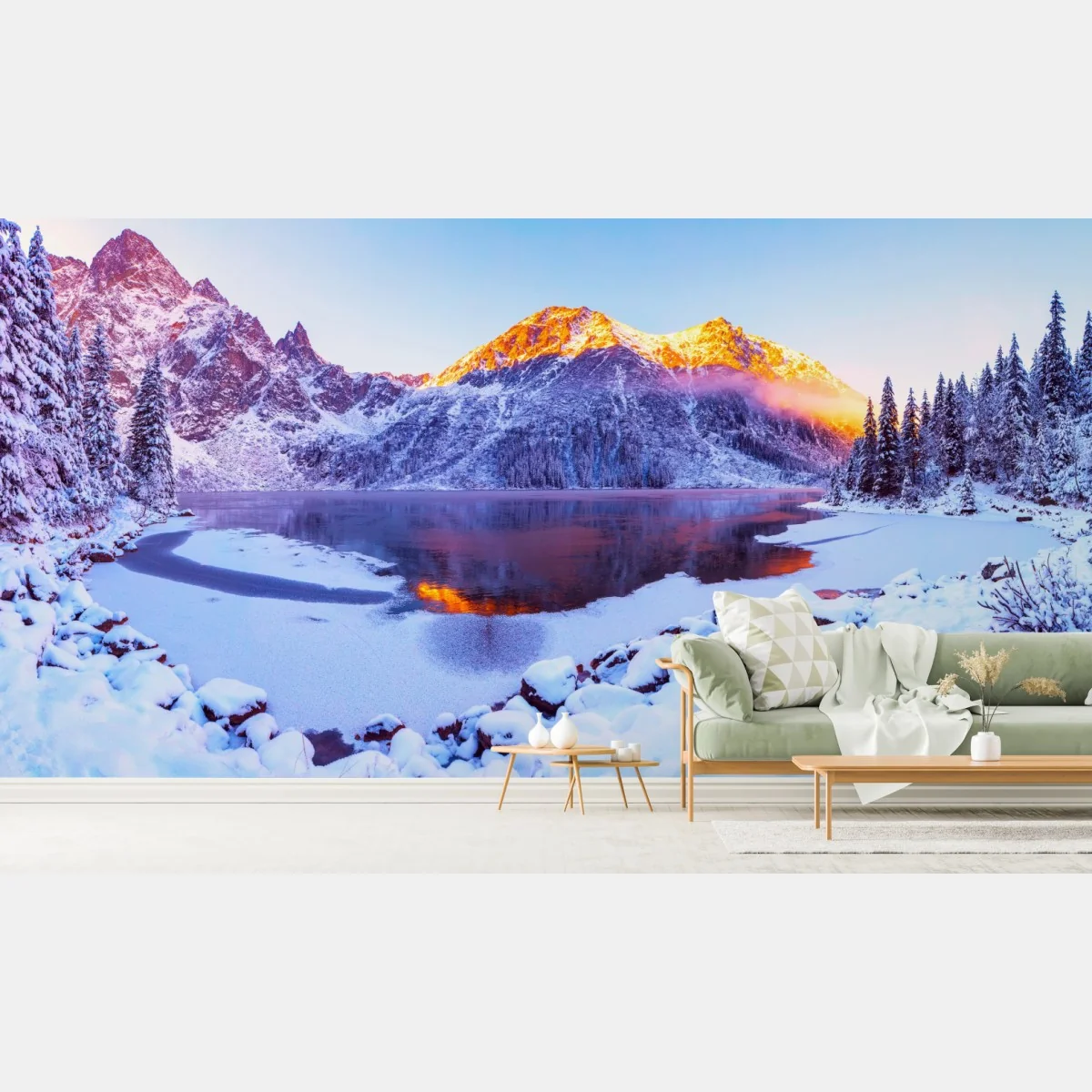 Fototapete sonnenbeschienene berge über gefrorenem alpensee – Wallnifity® Fototapete sonnenbeschienene berge über gefrorenem alpensee – Wallnifity®