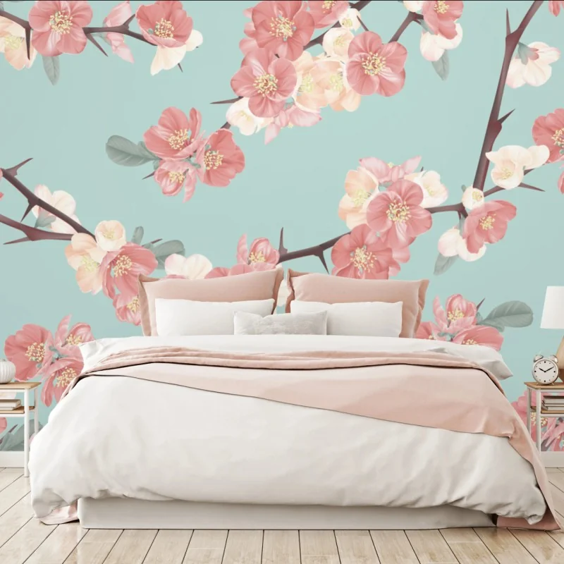 Fototapete pastelliges kirschblütenmuster auf mintfarbenem hintergrund – Wallnifity® Fototapete pastelliges kirschblütenmuster auf mintfarbenem hintergrund – Wallnifity®