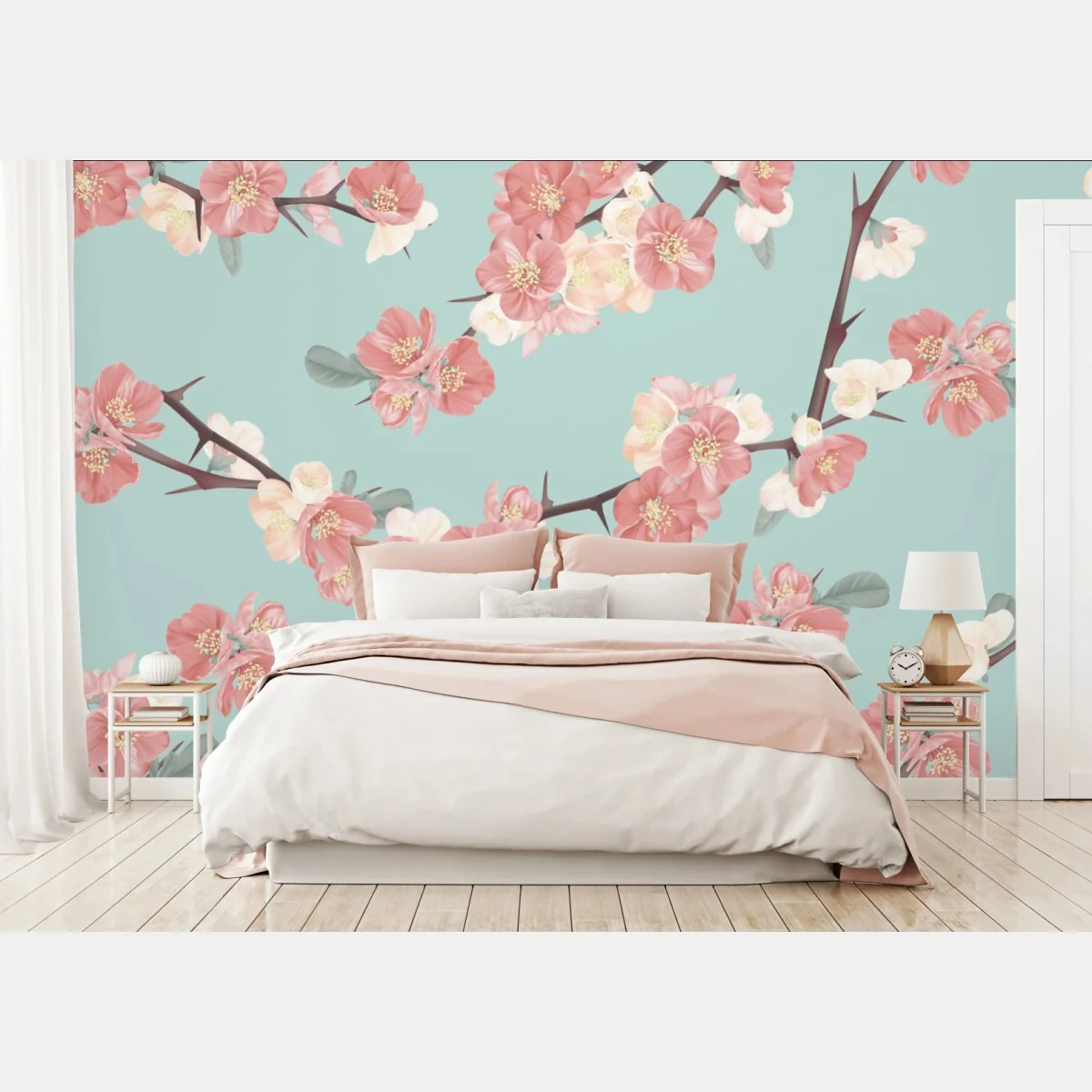 Fototapete pastelliges kirschblütenmuster auf mintfarbenem hintergrund – Wallnifity® Fototapete pastelliges kirschblütenmuster auf mintfarbenem hintergrund – Wallnifity®