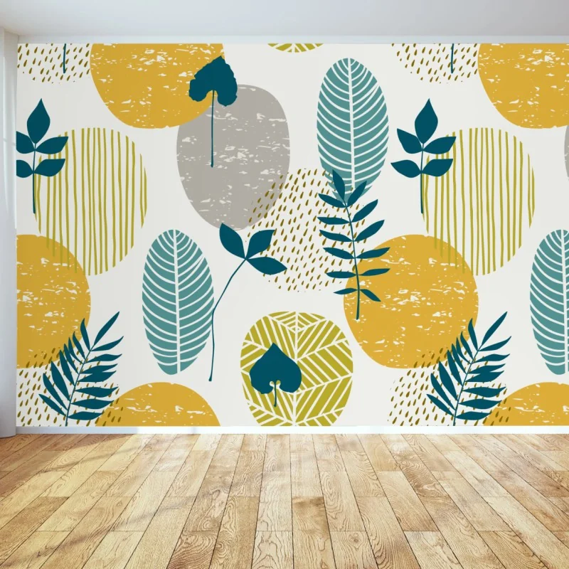 Fototapete türkis-senfgelbes botanisches muster