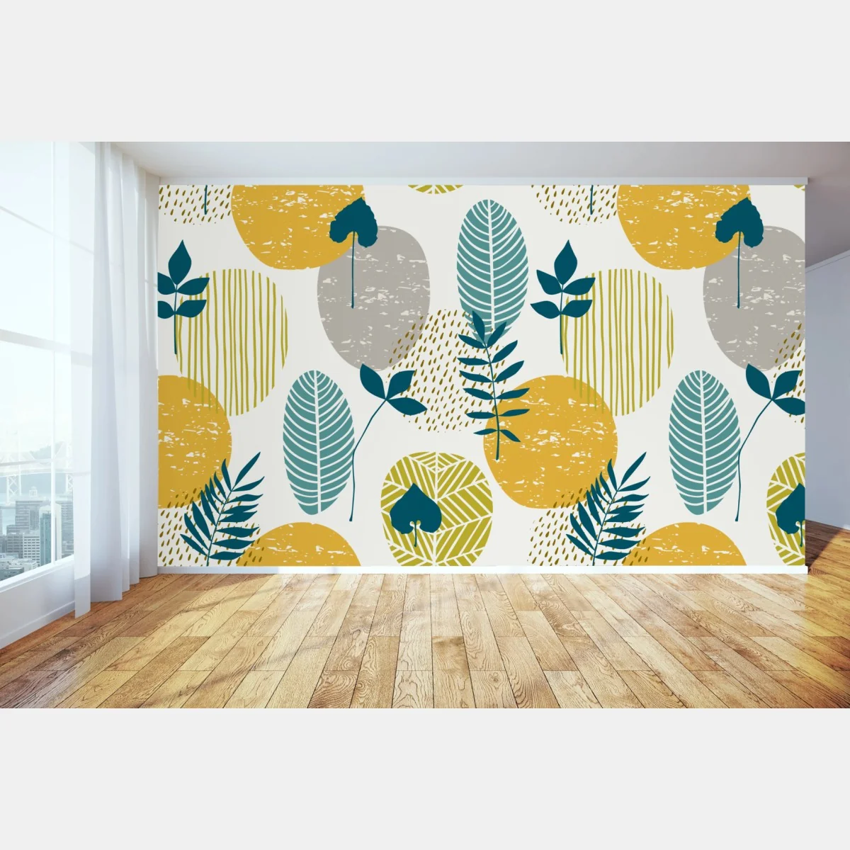 Fototapete türkis-senfgelbes botanisches muster – Wallnifity® Fototapete türkis-senfgelbes botanisches muster – Wallnifity®