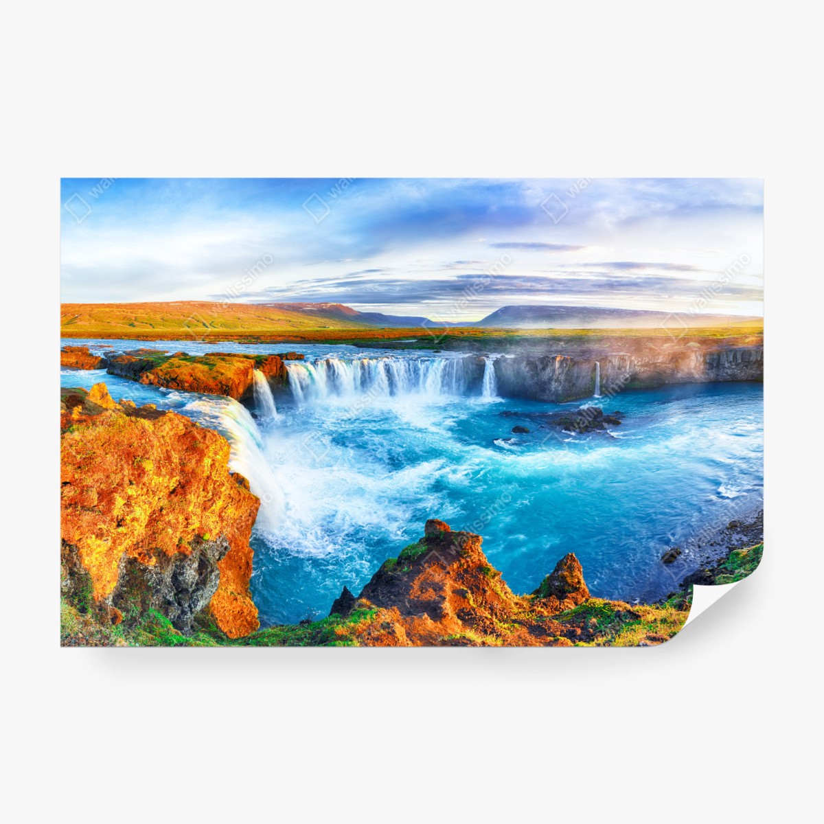 Fototapete panorama des wasserfalls Godafoss bei sonnenaufgang – Wallnifity® Fototapete panorama des wasserfalls Godafoss bei sonnenaufgang – Wallnifity®