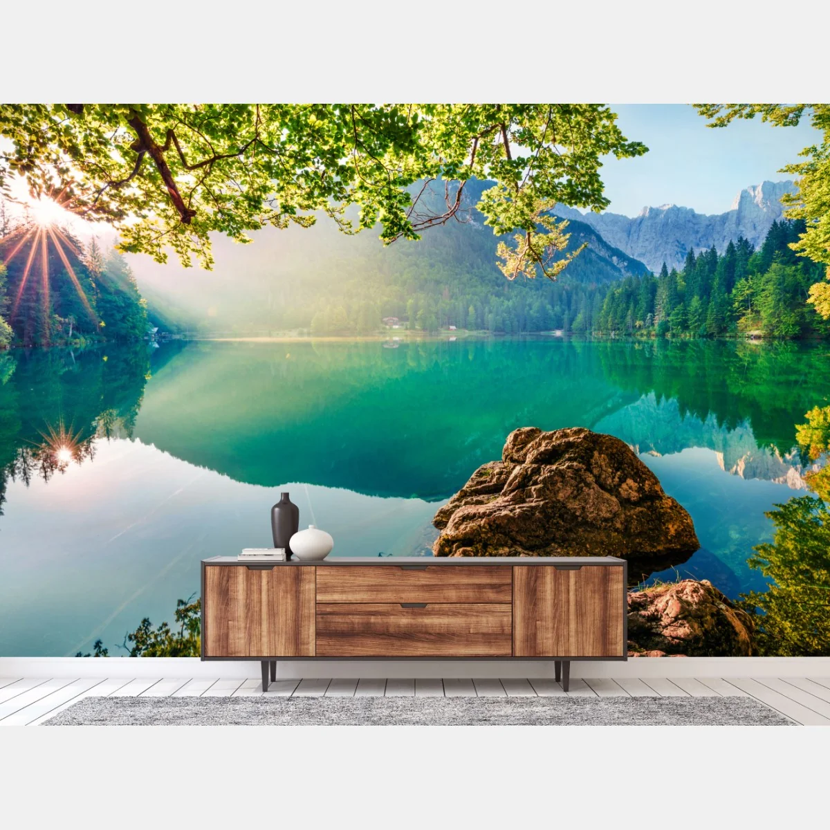 Fototapete morgendliche szene am Fusine-see mit Mangart – Wallnifity® Fototapete morgendliche szene am Fusine-see mit Mangart – Wallnifity®