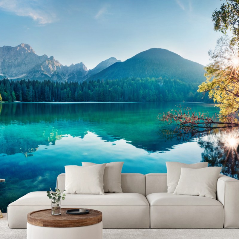 Fototapete sonniger Fusine see, Julische Alpen – Wallnifity® Fototapete sonniger Fusine see, Julische Alpen – Wallnifity®