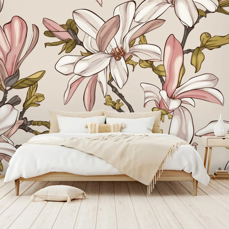 Fototapete pastell magnolien auf beigem grund
