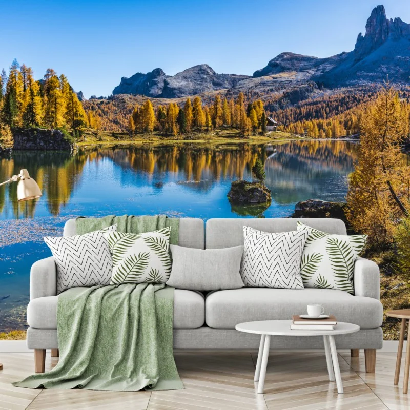 Fototapete herbstlicher alpensee mit bergreflexion – Wallnifity® Fototapete herbstlicher alpensee mit bergreflexion – Wallnifity®