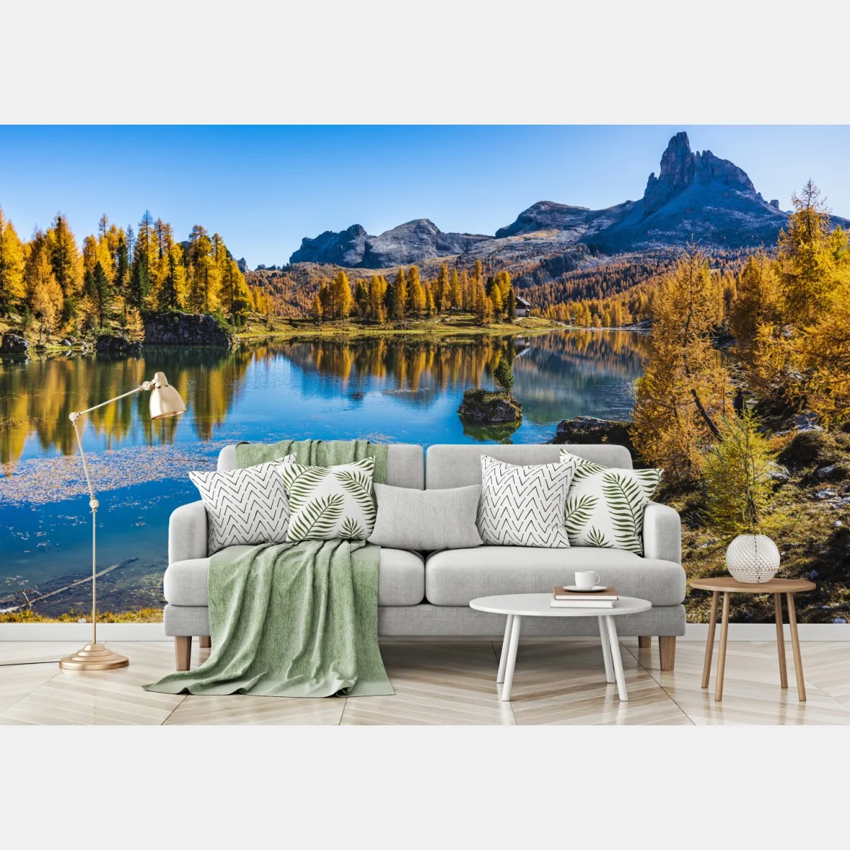 Fototapete herbstlicher alpensee mit bergreflexion – Wallnifity® Fototapete herbstlicher alpensee mit bergreflexion – Wallnifity®