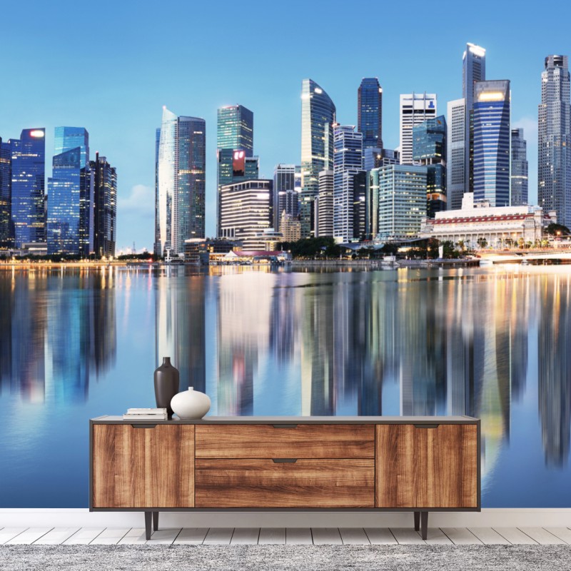 Fototapete moderne stadtskyline gespiegelt im wasser – Wallnifity® Fototapete moderne stadtskyline gespiegelt im wasser – Wallnifity®