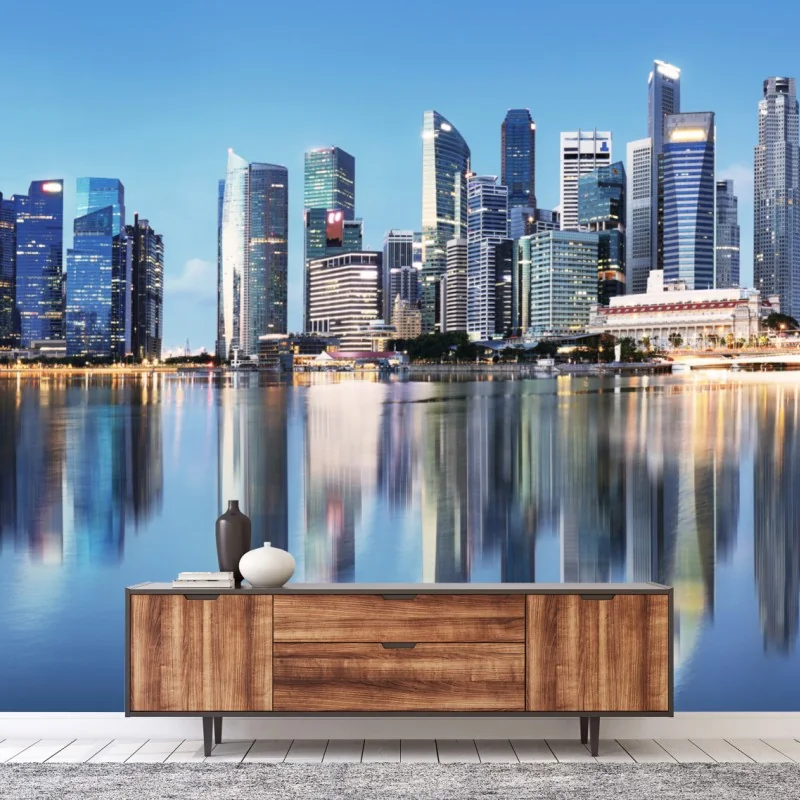 Fototapete moderne stadtskyline gespiegelt im wasser