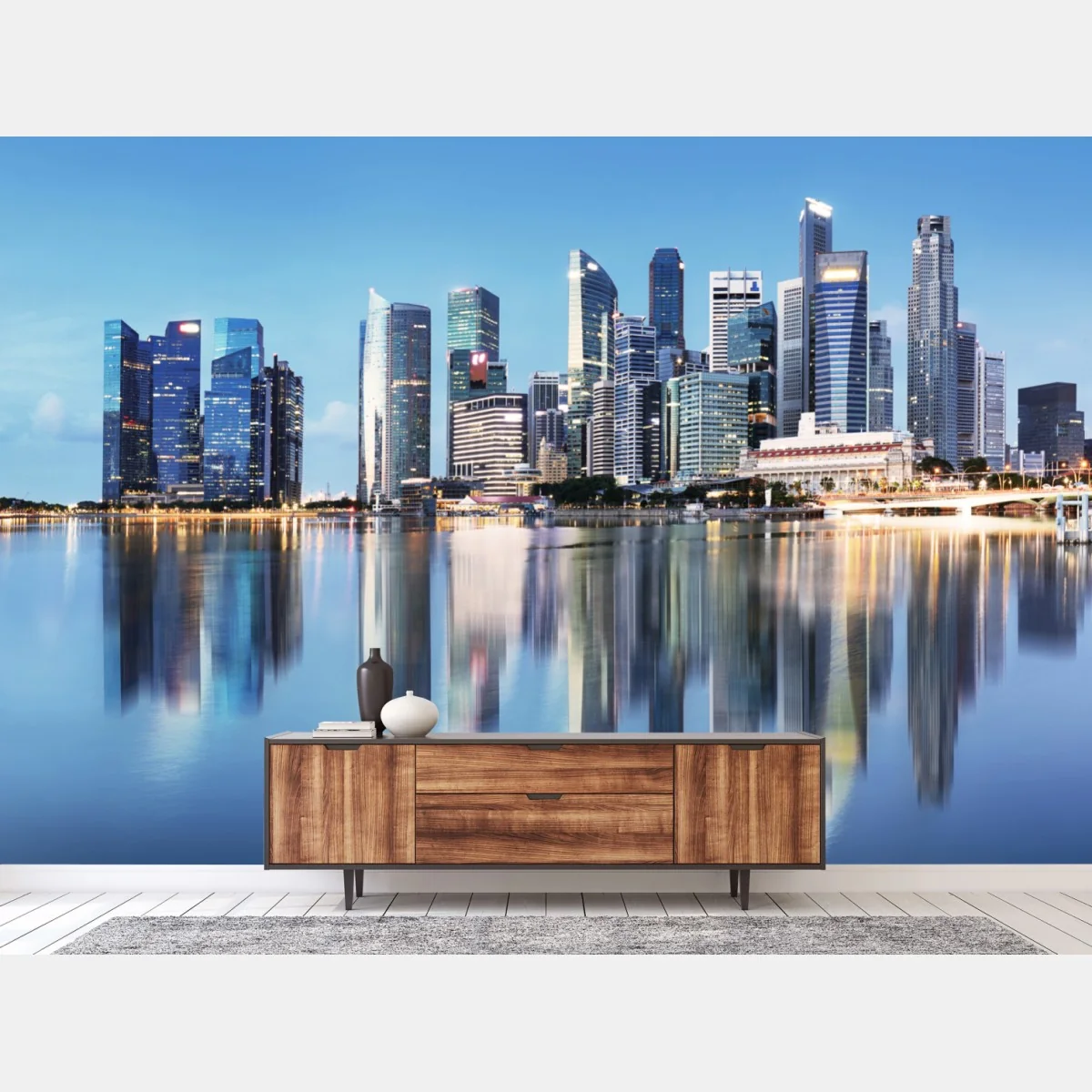 Fototapete moderne stadtskyline gespiegelt im wasser – Wallnifity® Fototapete moderne stadtskyline gespiegelt im wasser – Wallnifity®