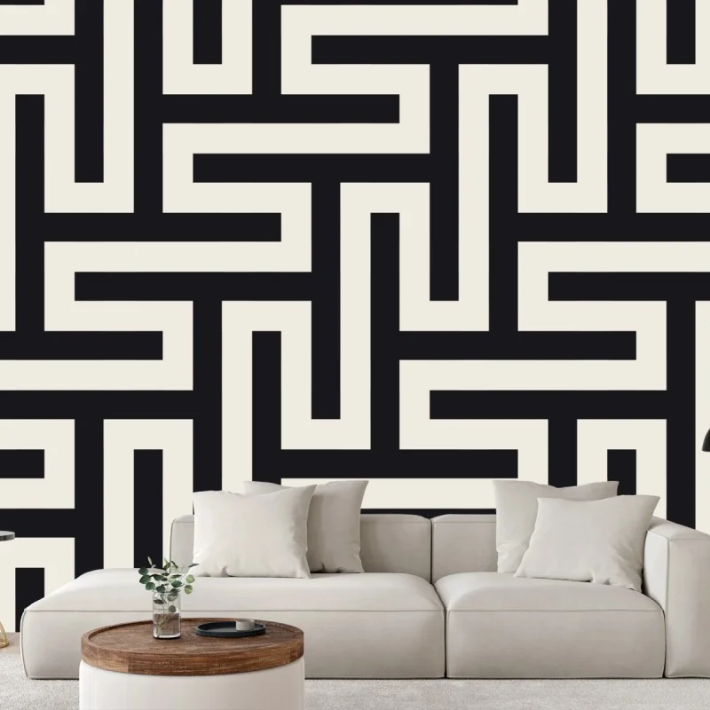 Fototapete geometrisches labyrinthmuster in beige und schwarz