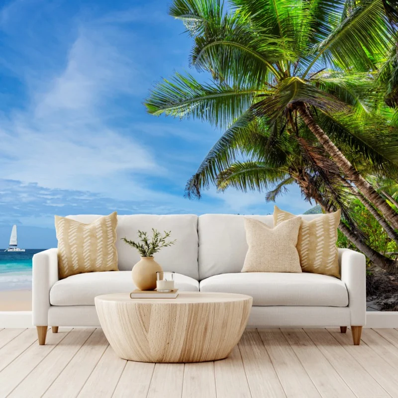 Fototapete tropischer strand mit palmen und segelboot – Wallnifity® Fototapete tropischer strand mit palmen und segelboot – Wallnifity®
